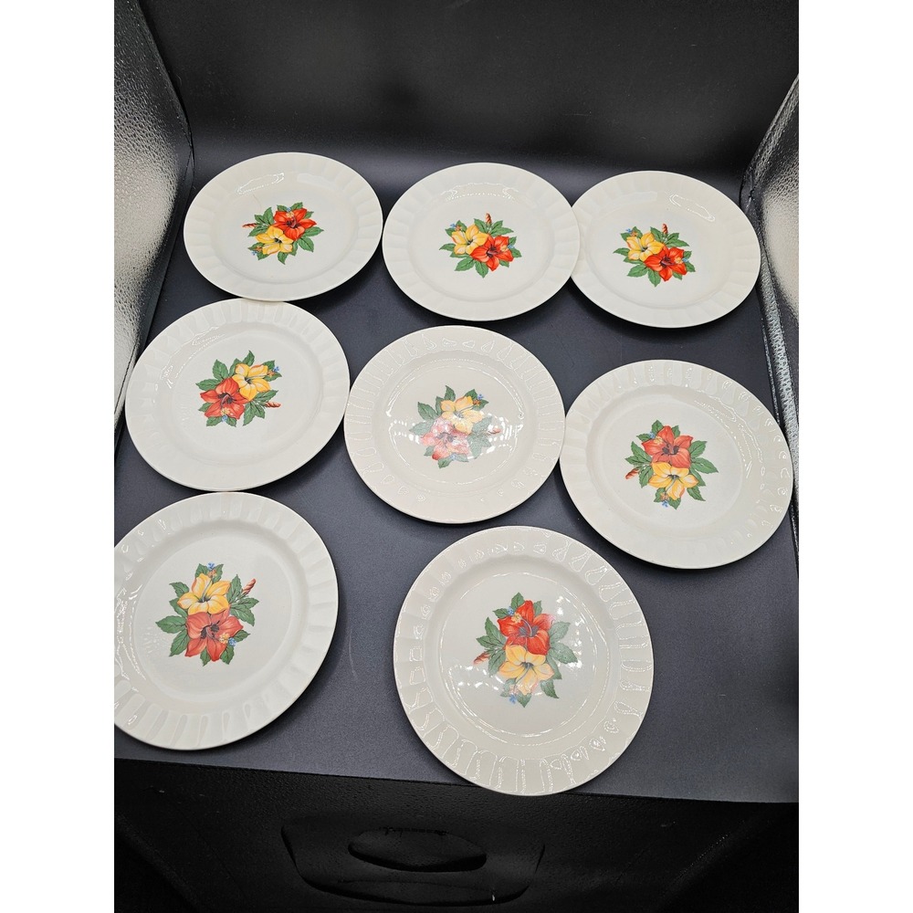 Vintage Cronin China Hibiscus Dessert Plates Set of 8 Red Yellow Floral 6.25in